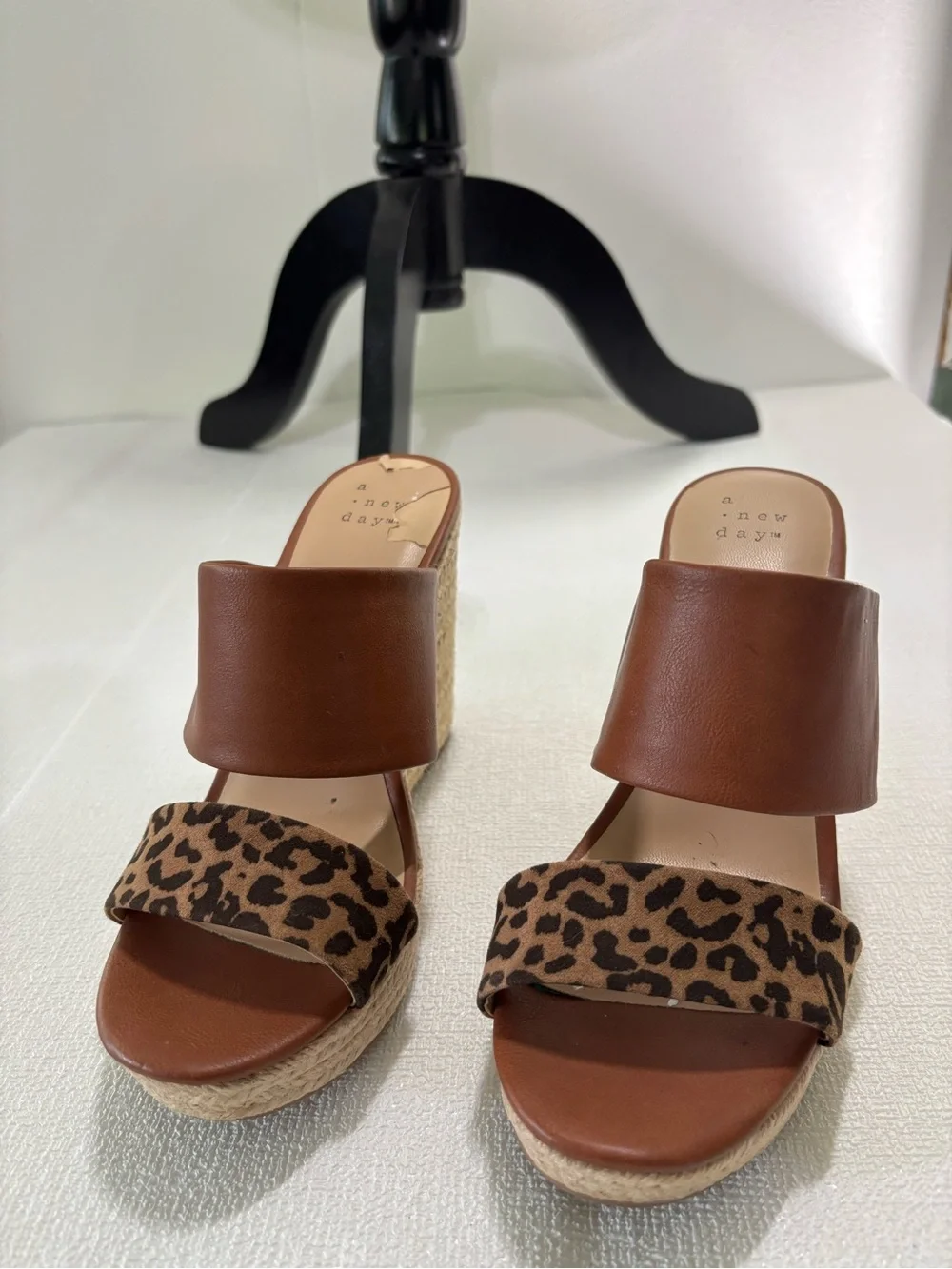 a new day Tan Brown Leopard Espadrille Wedge Sandals